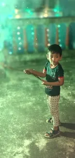 Child holding sparkler at night with festive lights.