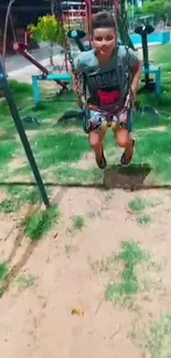 A child swinging joyfully in a colorful playground scene.