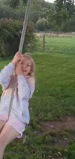 Child swinging on a rope in a green field.