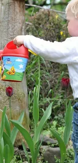 Child watering tulips in a lush garden scene.