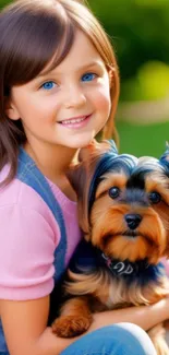 Young girl smiling with small dog in lush green background.