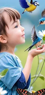 Young girl holding birds with flowers and nature background.