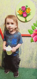 Child stands against a floral backdrop holding a bottle.