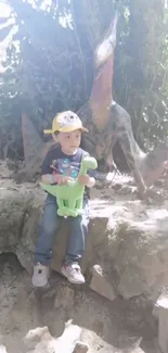 Child holding dinosaur toy near prehistoric statues.