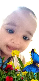 Smiling child with flowers and butterflies on a mobile wallpaper.