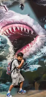 Child poses with large shark mural, ocean-themed art.