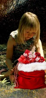 Child with Christmas gift bag outdoors.