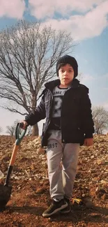 Young child holding a shovel in a wide open landscape with a clear blue sky.