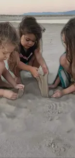 Three children playing on a sandy beach, creating a heartwarming scene.