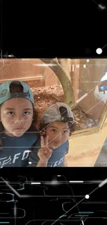 Two kids exploring an exhibit with curiosity.