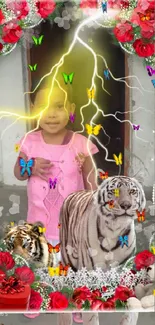 Child with tigers and roses, vibrant lightning effect.