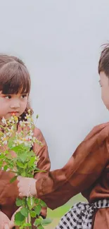 Children in brown outfits exchanging flowers.