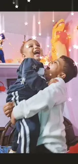 Two children laughing and playing joyfully with a colorful background.