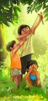 Children playing in a lush green jungle setting.