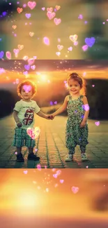 Children holding hands at sunset with colorful hearts floating around.