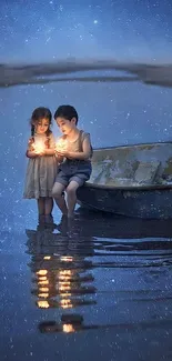 Children holding lights by a moonlit lake at night.