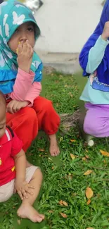 Three children enjoying corn in a grassy outdoor setting.