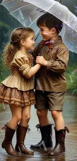 Two children smiling under an umbrella in the rain.