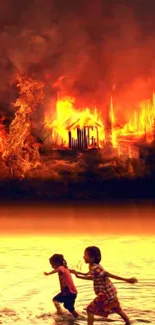 Two children running away from a blazing forest fire.