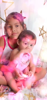 Two children in a pink magical setting with glowing stars.