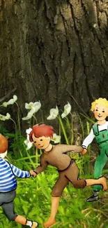 Cartoon children playing in a vibrant, grassy garden by a large tree.