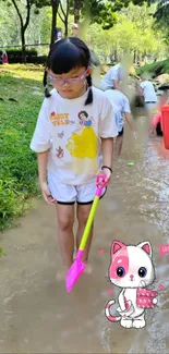 Child with a playful cat in a lush park scene.