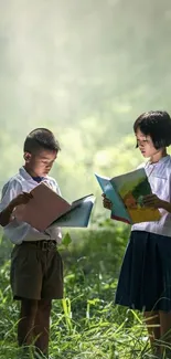 Children reading books in a lush green setting.