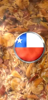 Chilean flag overlaid on a rice and shrimp dish.