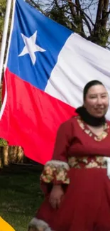 Chilean flag scene with guitar and traditional dress in a park setting.