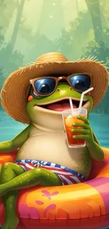 Cartoon frog on float with drink in summer setting.