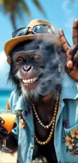 Monkey enjoying a tropical drink on the beach.