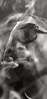 Monochrome image of a person with sunglasses and smoking, set in a stylish vibe.