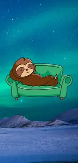 Cute sloth on couch with Northern Lights background.