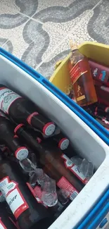 Ice cooler with beer and whisky bottles, perfect for parties.