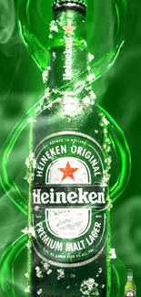 Chilled beer bottle with green ice effect wallpaper.