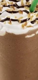 Appetizing iced coffee with cream and chocolate topping.