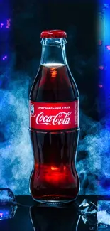 Chilled Coca-Cola bottle with ice and smoke on a black background.