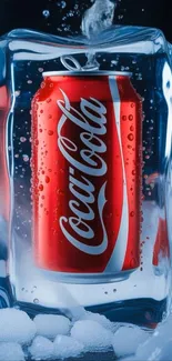 A Coca-Cola can encased in ice with a frosty appearance.