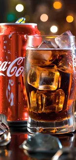 Chilled soda drink with ice cubes.