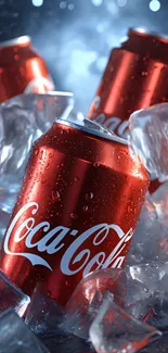Chilled soda cans resting on ice.
