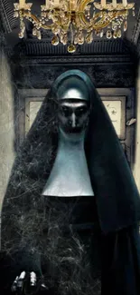 Eerie Gothic nun in dark hallway with a chandelier overhead.