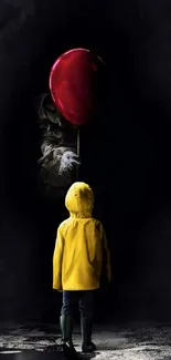 Child with red balloon in dark, eerie setting.