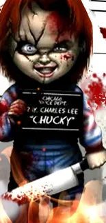 Scary doll with knife in horror-themed wallpaper.