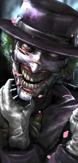 Chilling Joker artwork with dark tones and striking mask detail.