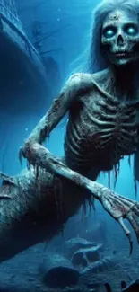 Eerie mermaid skeleton underwater with glowing eyes and a sunken ship backdrop.