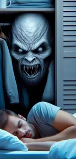 Sleeping man with monster in closet horror wallpaper.