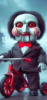 Chilling puppet on red tricycle in foggy setting wallpaper.