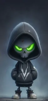 Mysterious skull character in a hoodie with glowing green eyes.