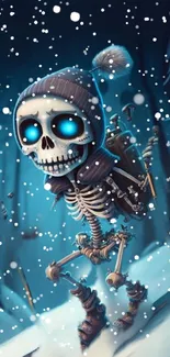 Charming skeleton in snowy forest, blue tones.