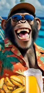 Chimp in sunglasses enjoying a tropical beach with a drink and fries.